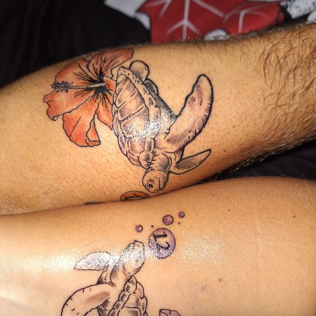 Turtle and hibiscus tattoos